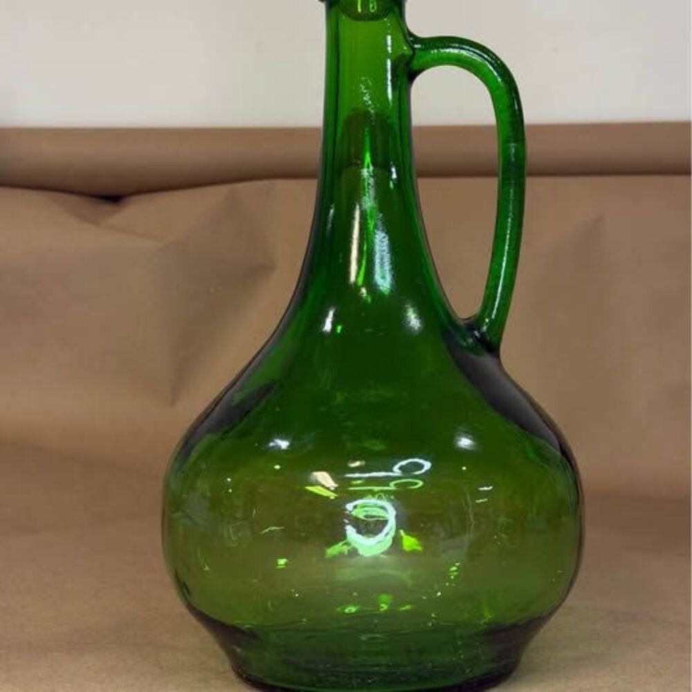 Vintage Green Glass Cruet Decanter Pitcher with Handle & Pour Spout